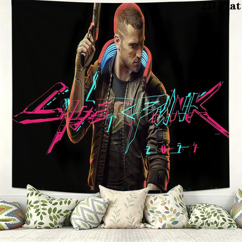 Cyberpunk 2077 Wall Tapestry Aesthetic Wall Hanging Printed Fabric Blanket Decorative Tapestries for Bedroom Living Room Home Decor