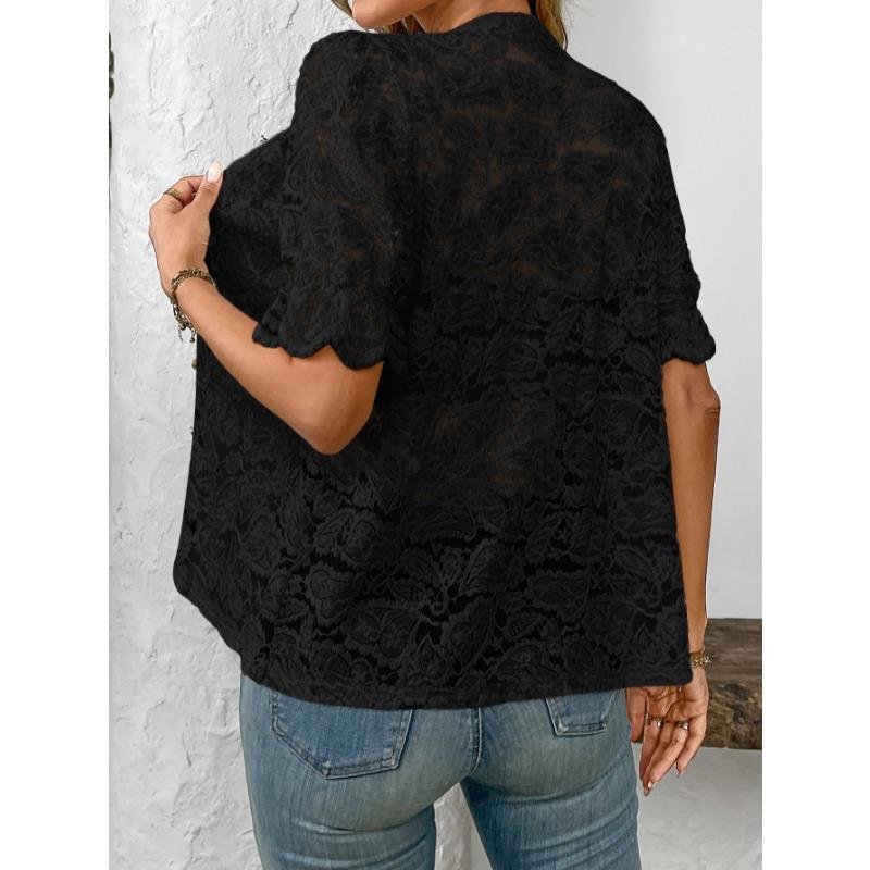 Fashion Lace Shirt Women Spring Summer Short Sleeve See Through Casual Blouse Ladies Button Sweet Tops O Neck Elegant Loose Casual Clothing