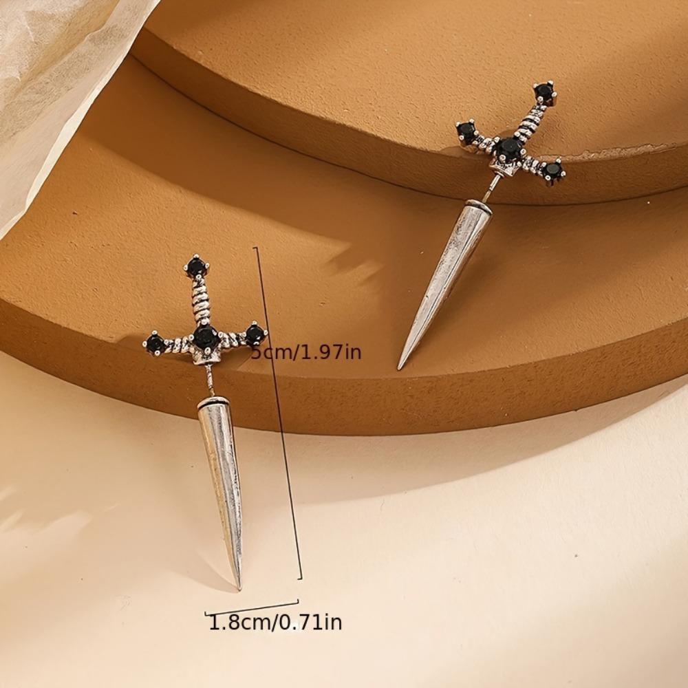 1pair Retro Gothic Dagger Stud Earrings with Artificial Crystal Decor, Cool Halloween Holiday Gifts