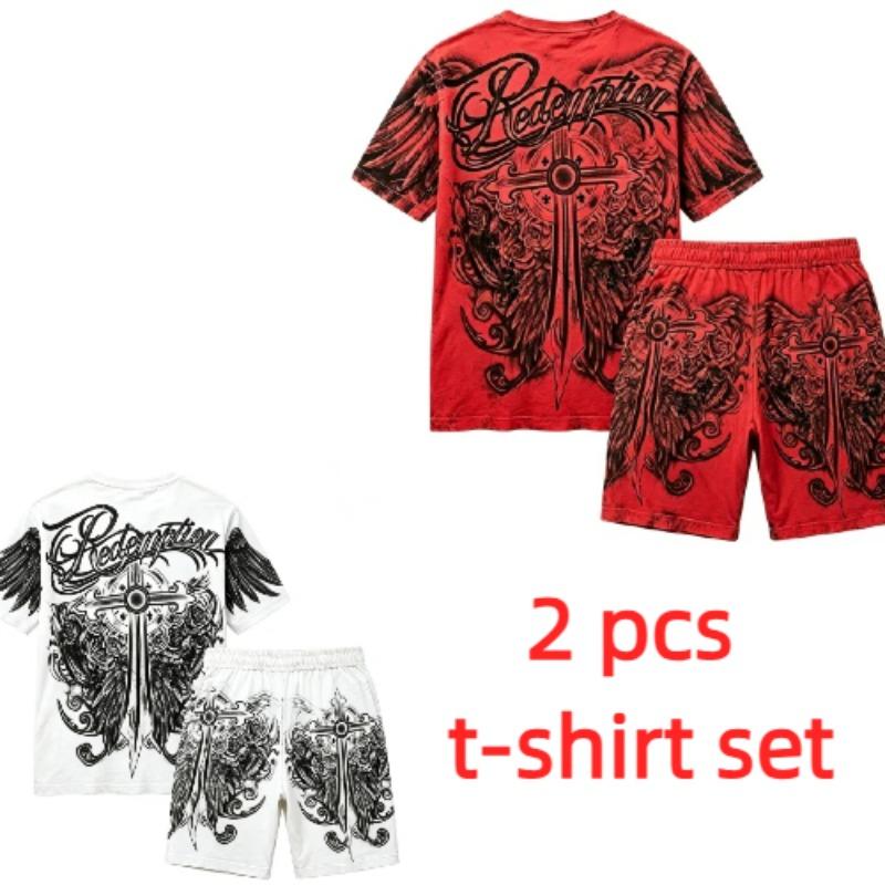 Sommer Gotischer Stil Kreuzschwert Aufdruck Rundhals Kurzarm T-Shirt und Shorts Set Herren und Damen T-Shirt Shorts Set