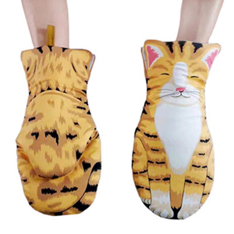 1PC Cute Cartoon Cat Paws Heat Resistant Oven Mitts Long Cotton Baking Insulation Microwave Non-slip Gloves Animal Design