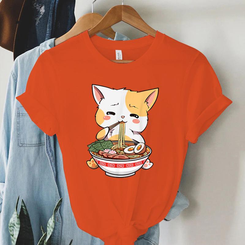 Tshirt Print Lovely Cat Ramen Cute Graphic Tee Casual Shirt Women Oversized Loose Fashion Trend Tshirt Cat Ramen Summer Shirt