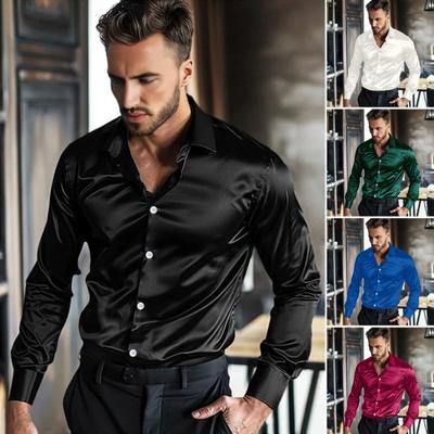 Men's Satin Glossy Shirt Solid Color Long Sleeve Smooth Dress Shirt Lapel Button Down Business Shirt for Office Wedding Party