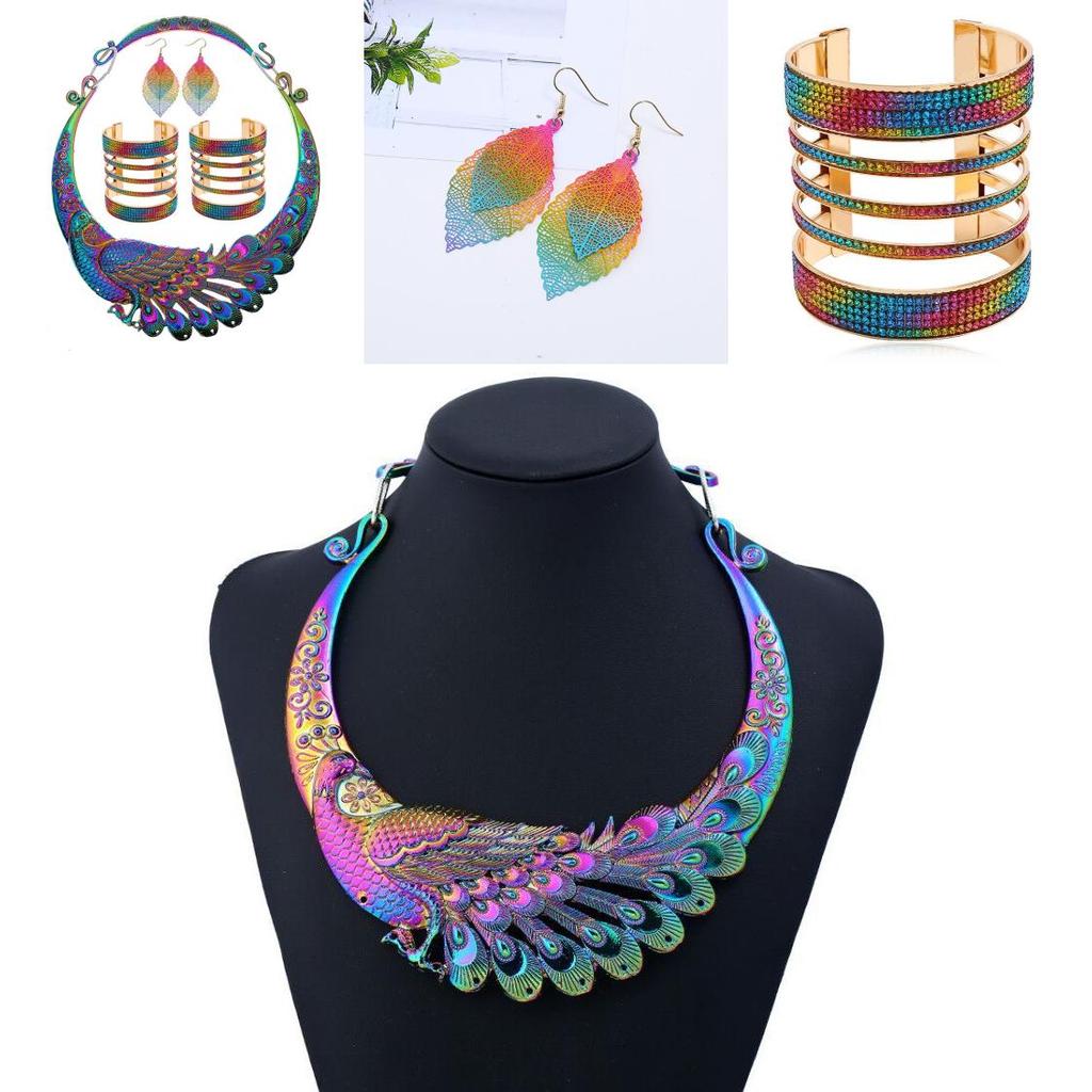 Colorful Necklace Earrings Bracelet Three Piece Set With Peacock Shaped Designss For Gift And Party