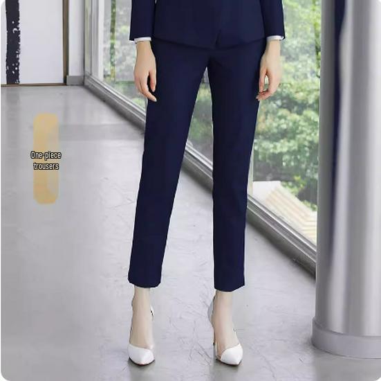 Navy Blue Shawl Collar Women's Slim Fit Business Suit Trousers for Spring and Autumn