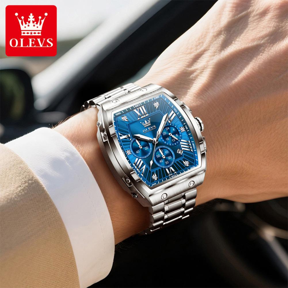 OLEVS Tonneau Watch Men Luminous Waterproof Date Stainless Steel Chronograph Quartz Watches for Men
