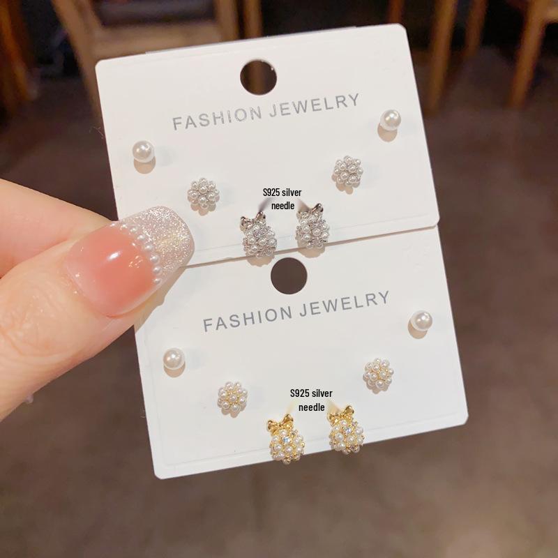 Elegant Pearl Bow Stud Earrings Set - Three-Piece Collection