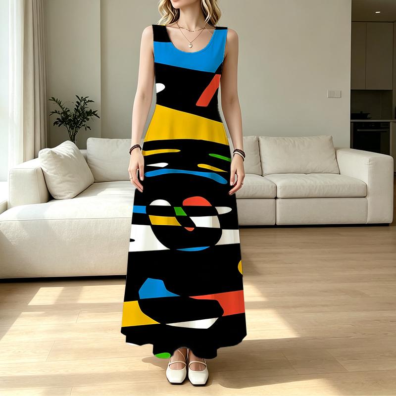 Summer Abstract Art Sleeveless Maxi Dress Loose Fit Soft Comfy Casual Dress for Daily Commute,Home & Vacation,Versatile Fashion