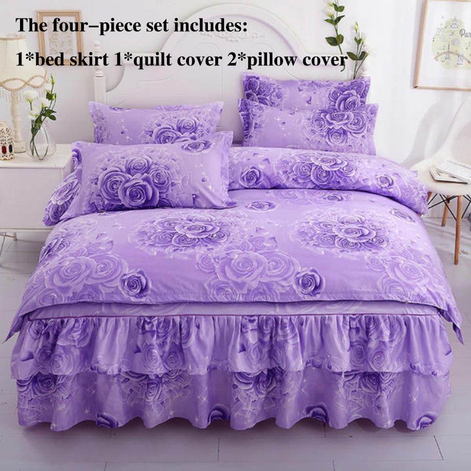 Czteroczęściowe Falbany na Łóżko Narzuty Pokrowce na Łóżko Poszewki na Poduszki Antypoślizgowe Drukowane Prześcieradła Pościel Lekki Luksus