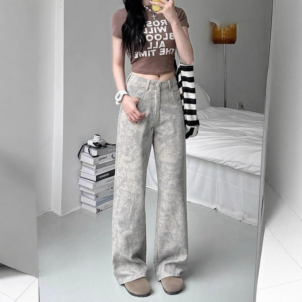 Summer Wide-legged Jeans Female Thin Section Tie Dye Printing Niche Design Loose Straight Pants Retro Street Style Baggy Long Jeans for Ladies