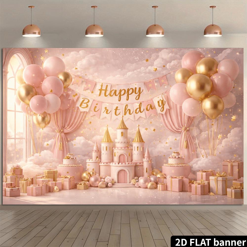 2D Plane Pink Dreamy Castle Birthday Party Backdrop Fabric, with a Central Pink Castle and Golden Pointed Tower On Top