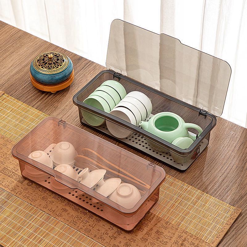 Transparent Flip-Top Plastic Storage Box for Tea Sets & More with Draining Lid