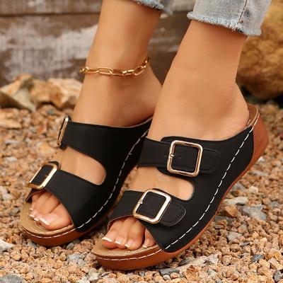 Kadın Terlik Yeni Açık Burun Çift Tokalı Dolgu Topuk Sandaletler Büyük Beden Platform Günlük Terlik Kadın Kaydırıcılar Kadın Zapatos De Mujer
