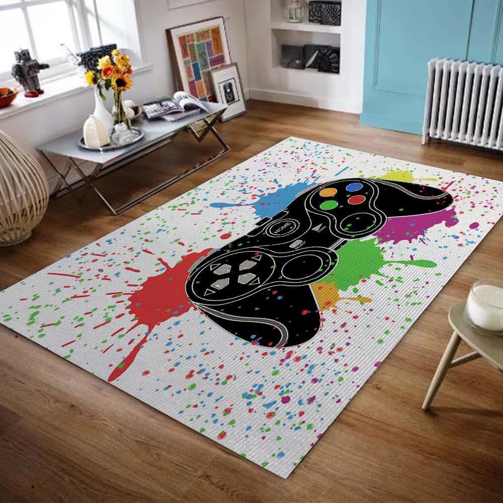 Color Game Controller Carpet Mat Decoration Game Room Boy Bedroom Floor Mat Game Area with Joystick Design Washable Floor Mat