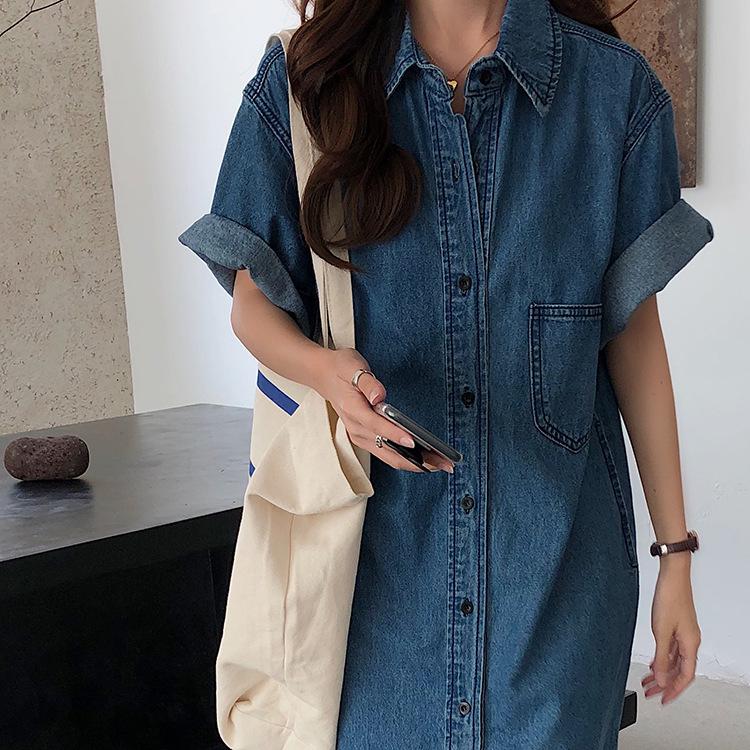 Women's Retro Slim Denim Shirt Dress - Korean Style Casual Short Sleeve, Age-Reducing 2021