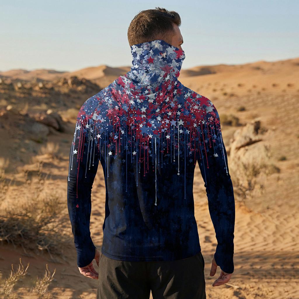 Men's Casual Raglan Sleeve Hooded Long Sleeve Sun Protection Shirt Lightweight Breathable Fabric All Over Print Design