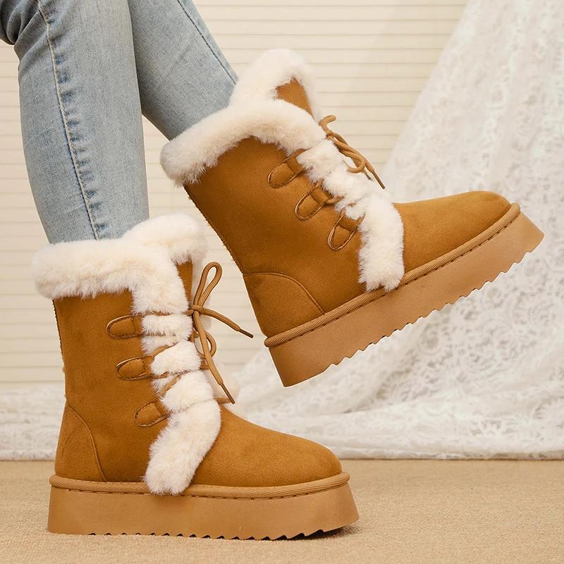 Dam Vinter Varma Päls Snökängor Snörning Fluffiga Plysch Plattform Ankelkängor för Kvinnor Tjock Sula Halkfria Bomullsfodrade Skor