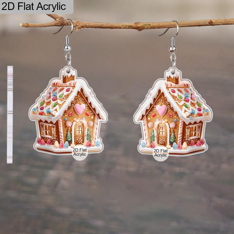2D Flat 2pairs Christmas Candy House Acrylic Dangle Earrings, Perfect Gift for Women, Christmas Party Jewelry