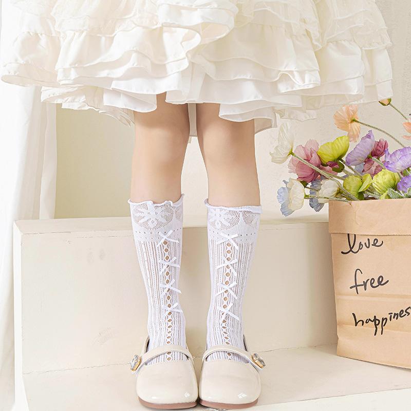 Girls Over The Knee High Socks Retro Stripes Hollow Mesh Cute Bowknot Princess Baby Kids Long Stockings
