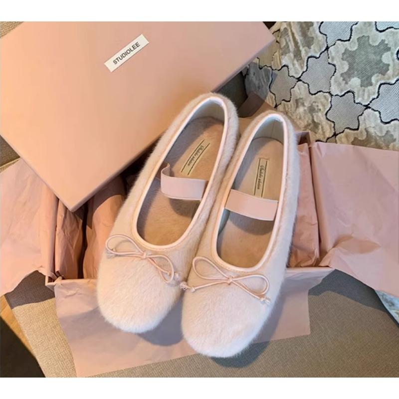 New Fashion Sweet Pink Mink Fur Ballet Flats Women Round Toe Bowtie Plush Inside Mary Janes Shoes Female Elastic Band Moccasins