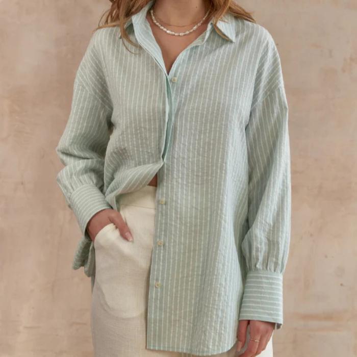 

GMXIA Женская полосатая рубашка, осенне-зимняя новая повседневная свободная рубашка цвета сахарного макарон, средняя длинная полосатая рубашка L зелёный