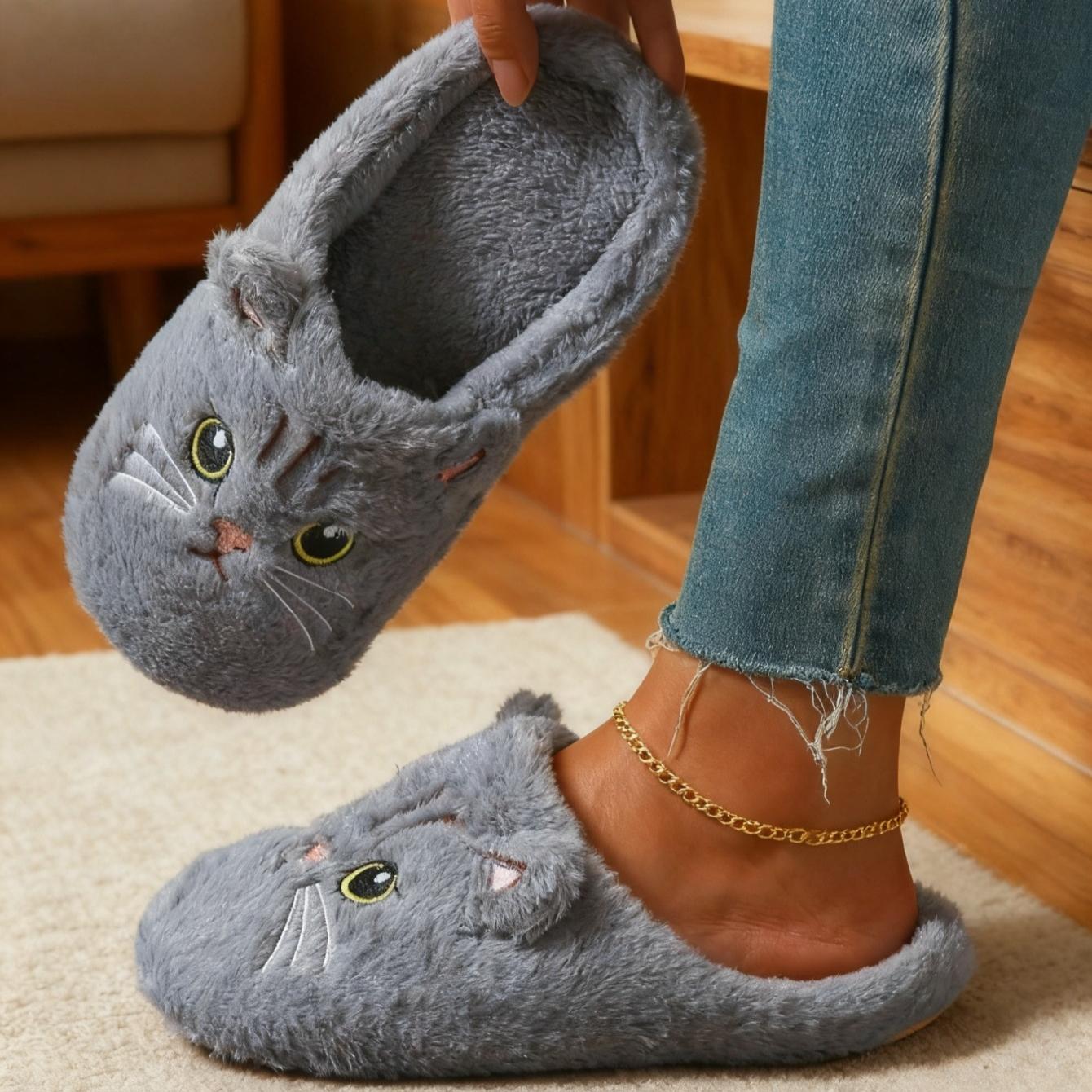 

Женские осенне-зимние милые домашние тапочки с мягкой подошвой в виде кошки 44-45 серый