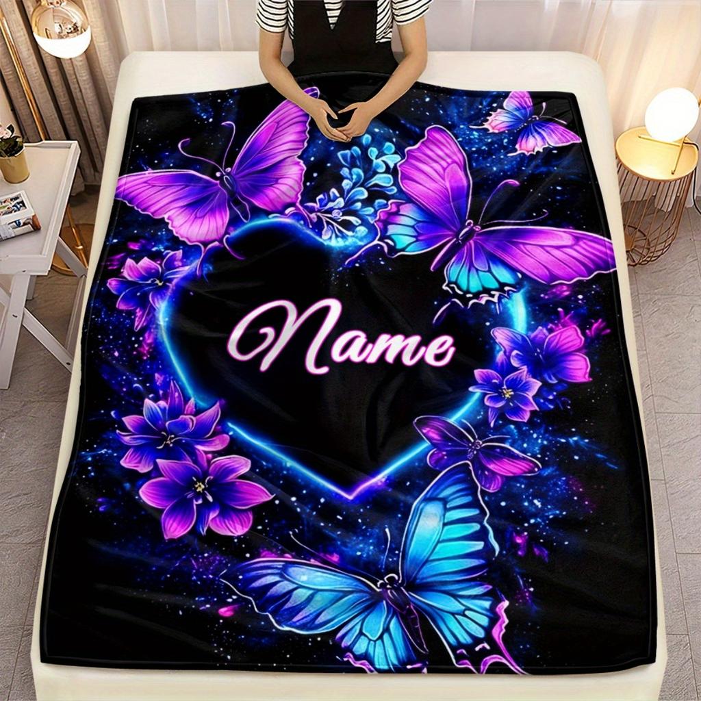 Neon Purple Blue Butterfly Heart Flannel Throw Blanket Personalized Floral Butterfly Sofa Bed Blanket