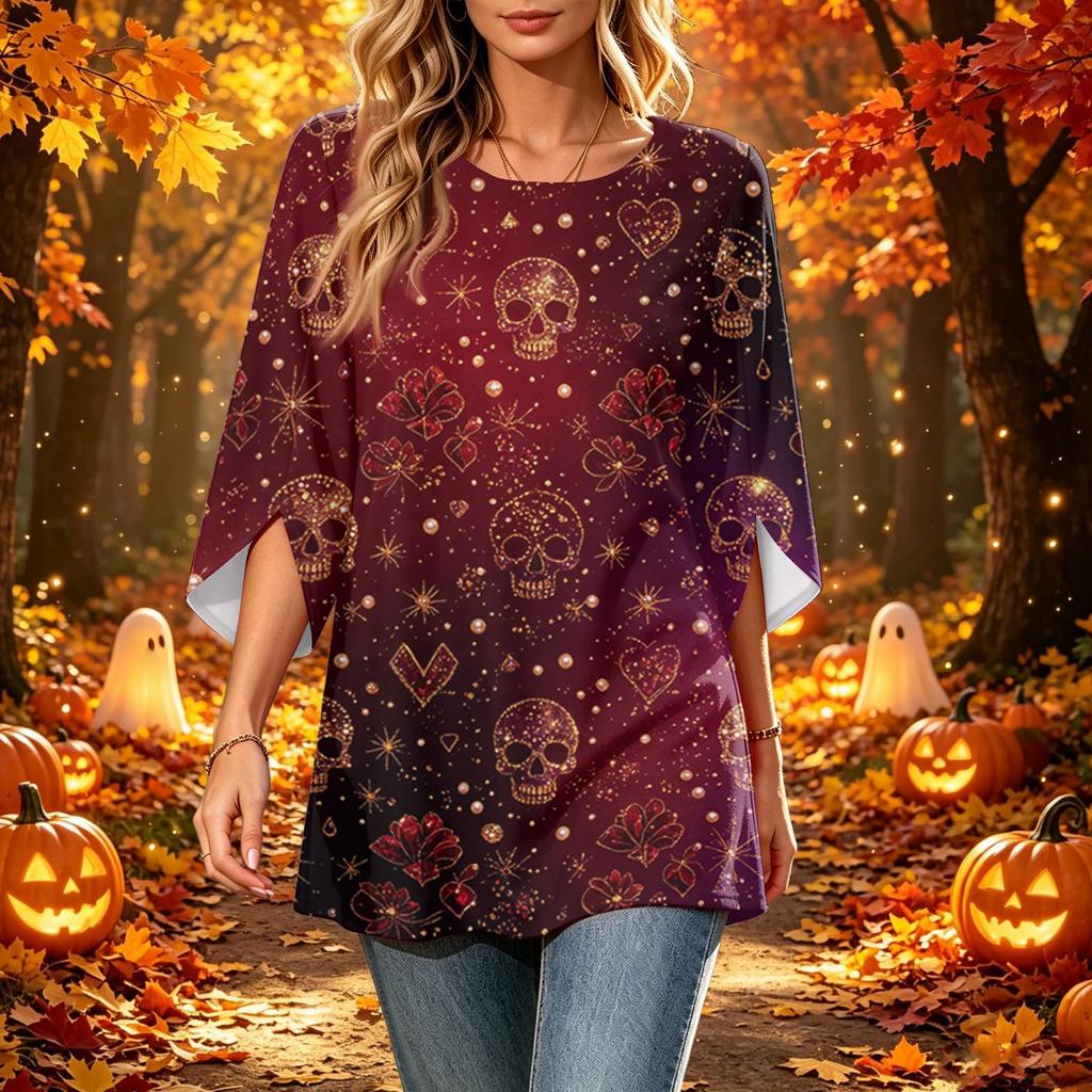 Women's Halloween Print Casual Neck Loose Fit 3/4 Sleeve Top