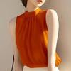 Women Sleeveless Turtleneck Blouse Orange Pleated Solid Color Elegant Casual Summer Top