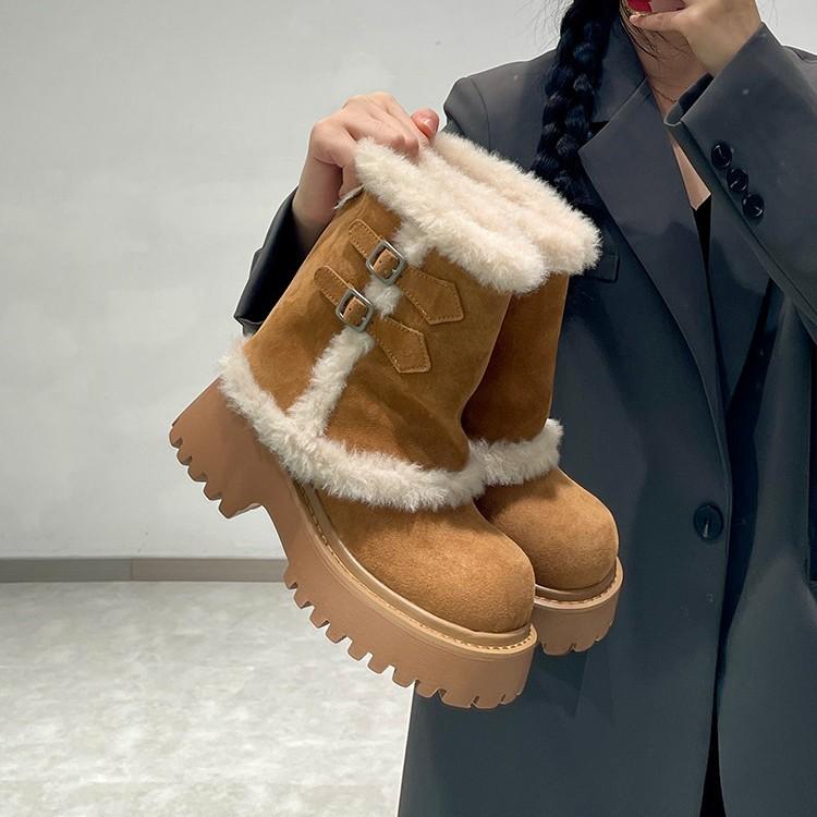 Niche thick heel thick sole heightening snow boots women's 2025 autumn and winter new velvet thickened warm big head Northeast cotton boots