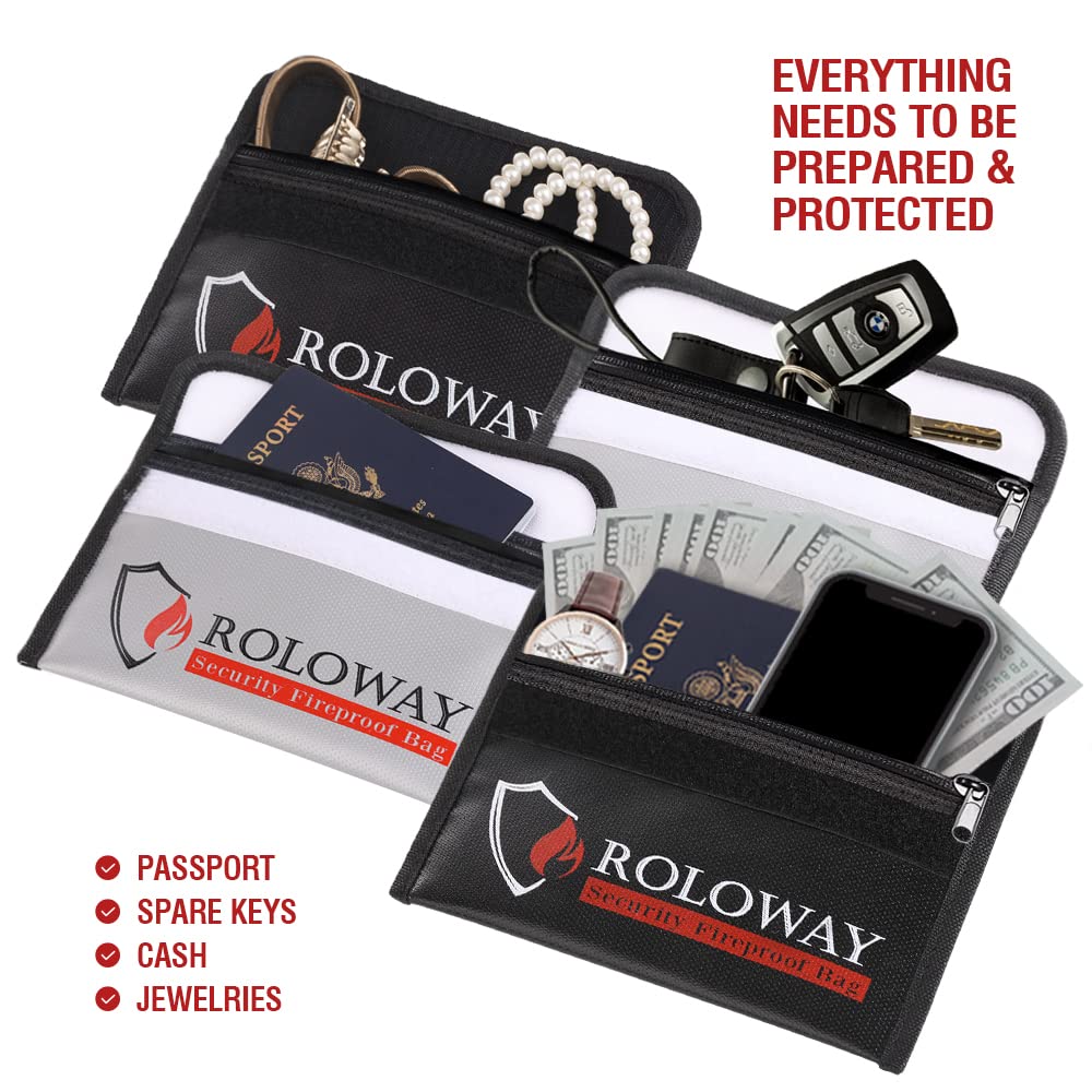 ROLOWAY Small Fireproof Bag x 8 Fireproof Money Bag for and Keys (5 inches), Non-Itchy Valuables, Passport, Currency, (2-Pack)
