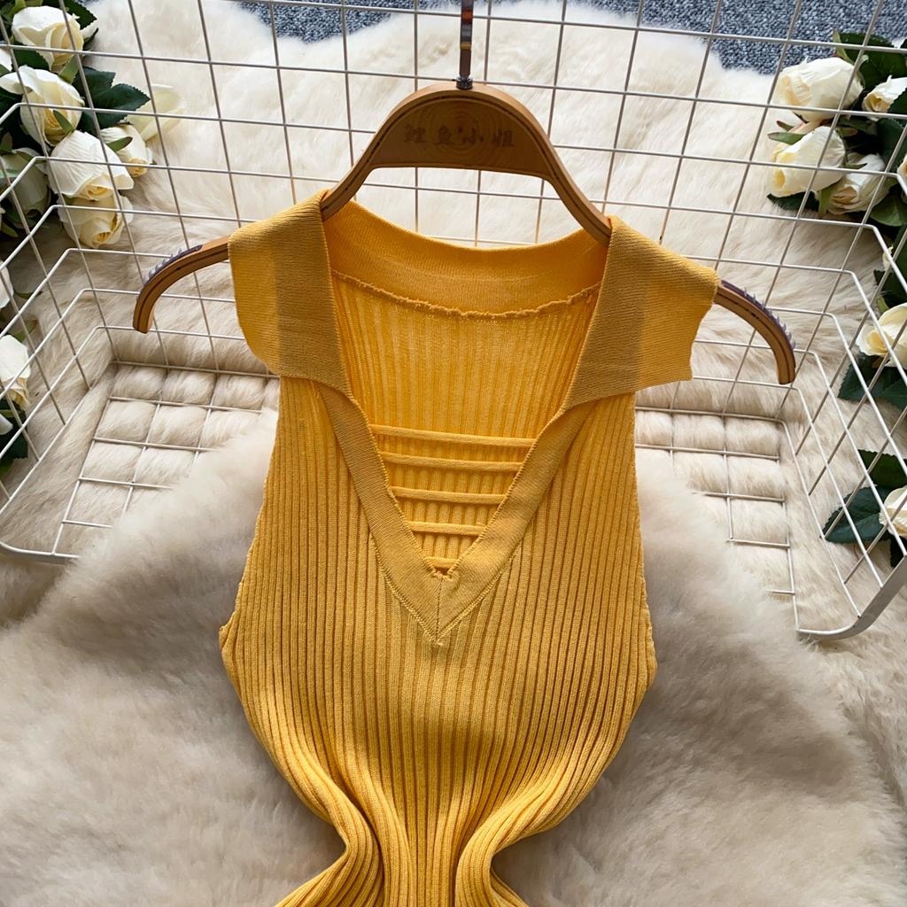 Summer Women Casual Sleeveless Polo Collar Knitted Sweater Mini Short Sheath Dresses
