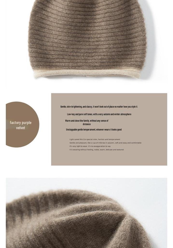 Women's 100% Pure Cashmere Ribbed Hat - Autumn/Winter Fashion, Warm, Cold-Proof, Color Block Design.