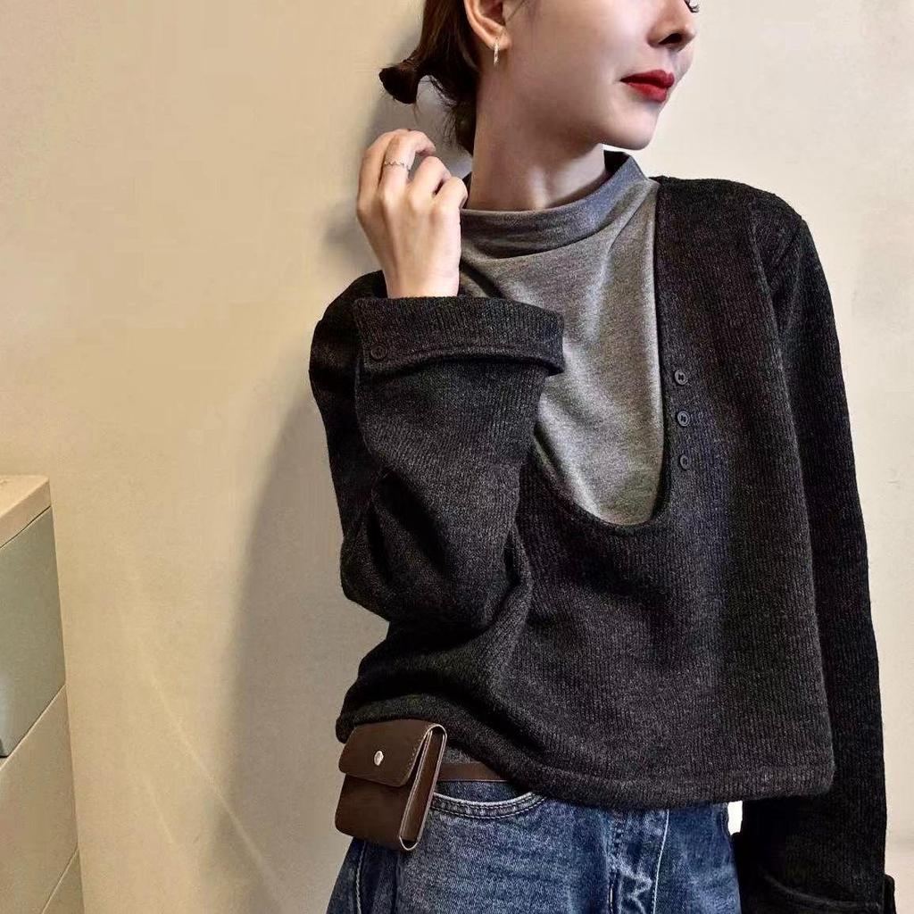 Plus Size Velvet Patchwork Vest Long Sleeve T-shirt - Autumn Women's Fake Two-Piece Korean Style Loose Slimming Top