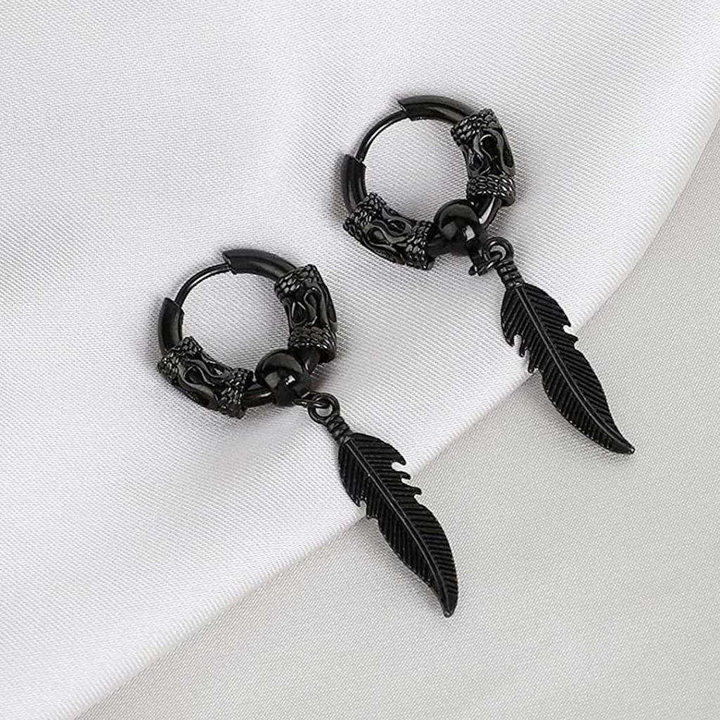 Feather Pendant Earrings Ear Hoops for Men and Women Stainless Steel