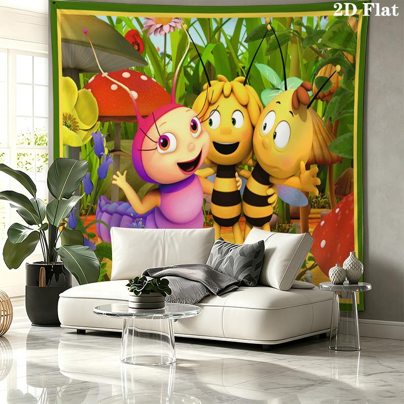 Maya the Bee Tapestry, Cartoon La Abeja Maya & Friends Honeycomb Print Wall Hanging for Kids Bedroom Home Decor