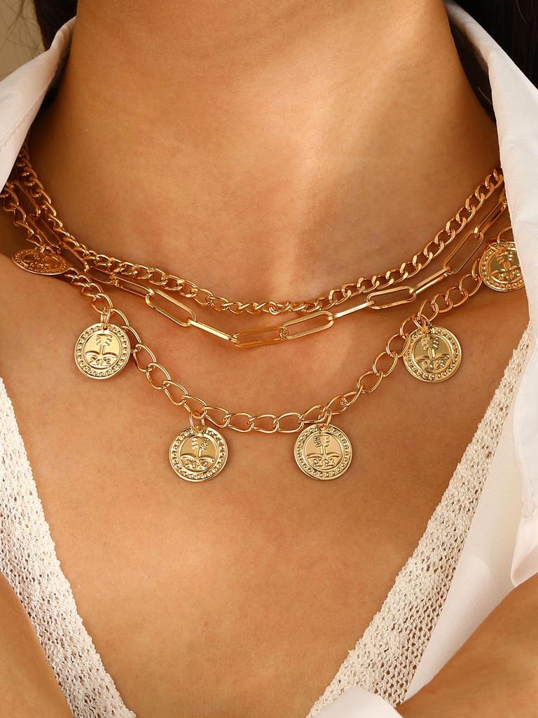 Golden Multi-layer Pearl & Portrait Pendant Necklace - Fashion Retro Clavicle Chain for Women