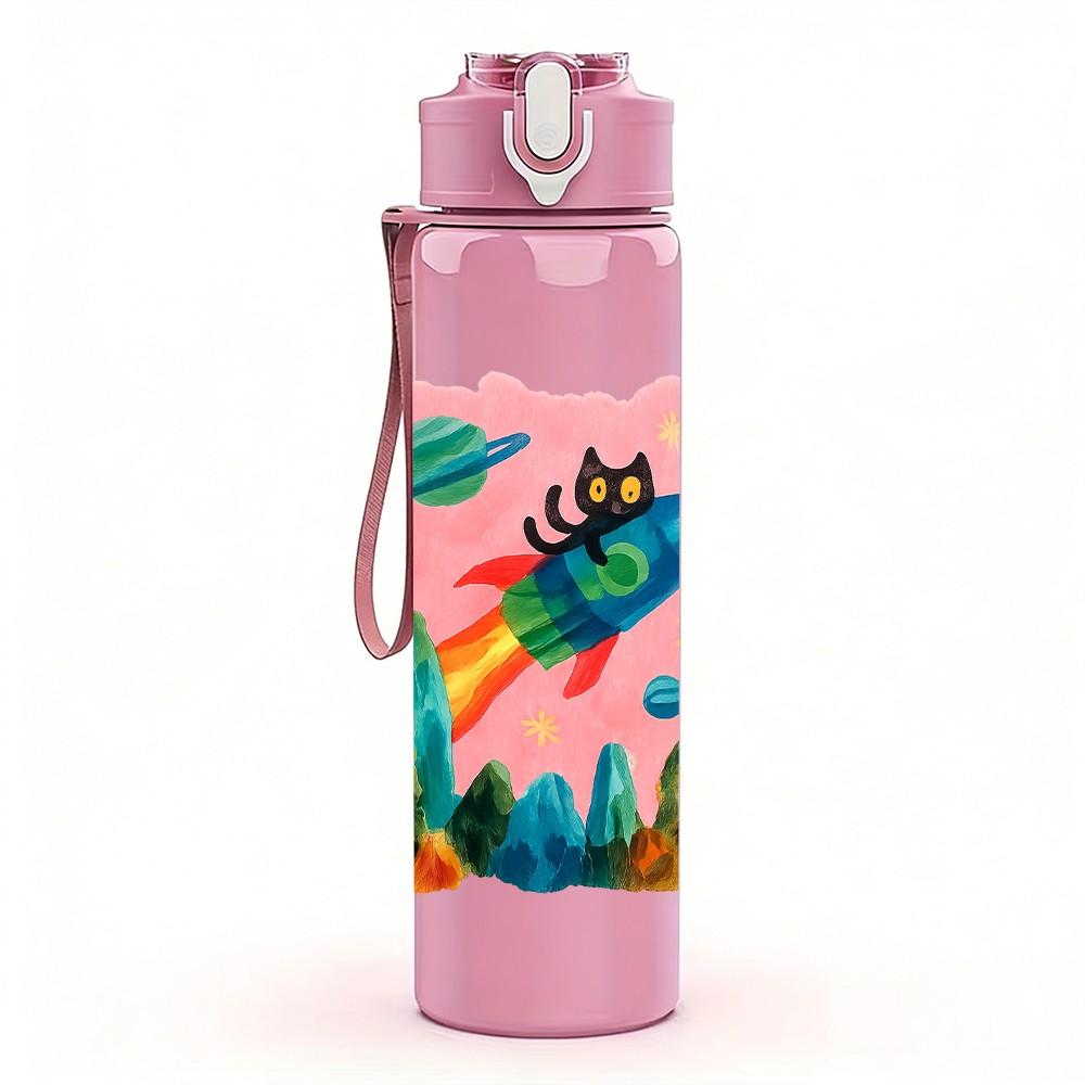 1PC Mountain Rocket Cartoon 750ml Color Plastic Sports Water Bottle Leakproof Flip Straw Lid Suitable for Sports Office Home Use
