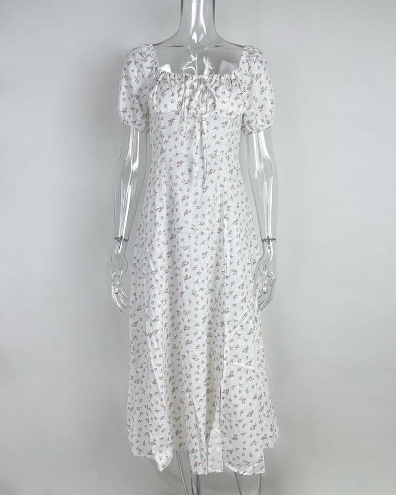 2026 Spring Women's Elegant Floral Slit Lace-up Dress - European & American Style