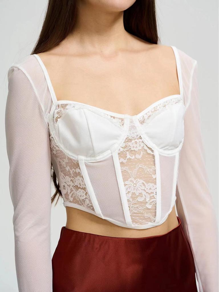 European & American Street Fashion Mesh Lace Slim Square Collar Long-Sleeved Top for Women