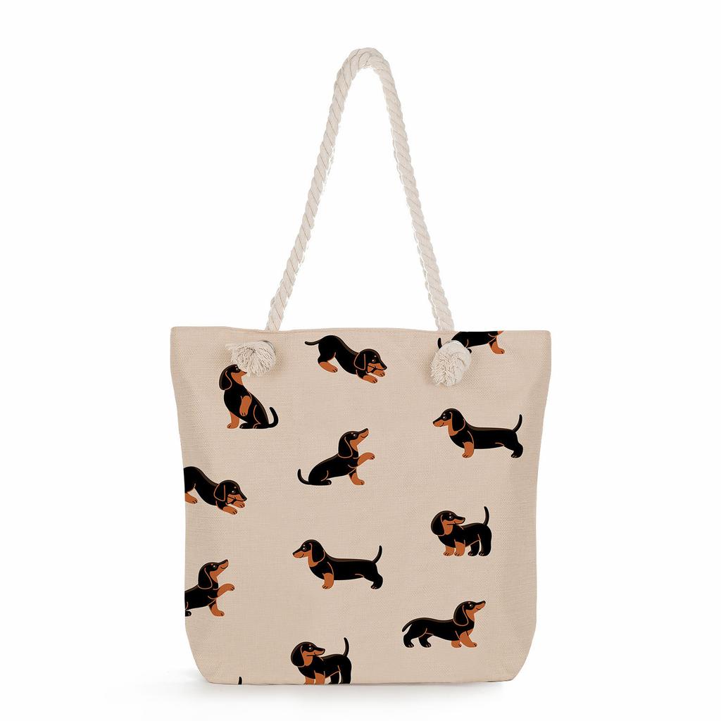 Sausage dog print thick rope single-shoulder beach bag 7274 CLE