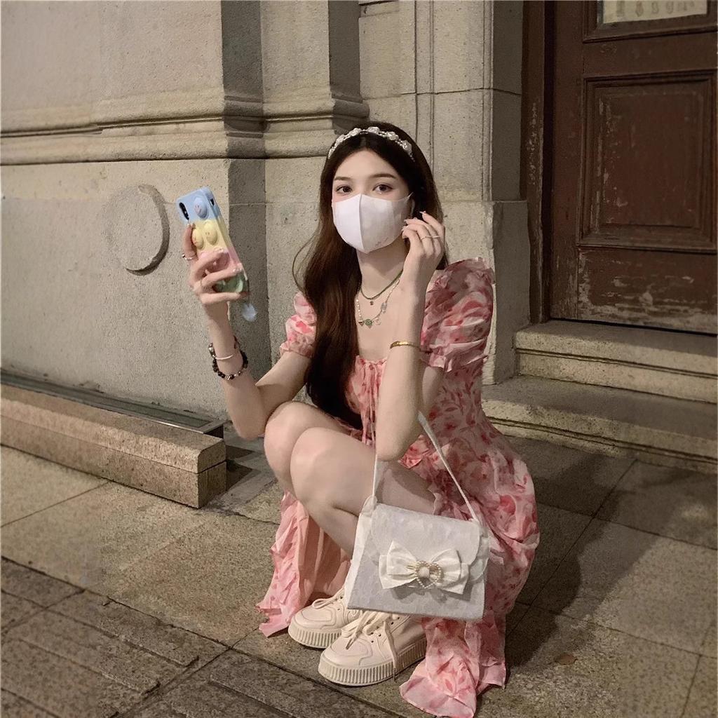 Gentle Wind Tea Break French Platycodon Lotus Leaf Edge Long Dress with Waist Split Square Neck Temperament Chiffon Floral Dress Summer