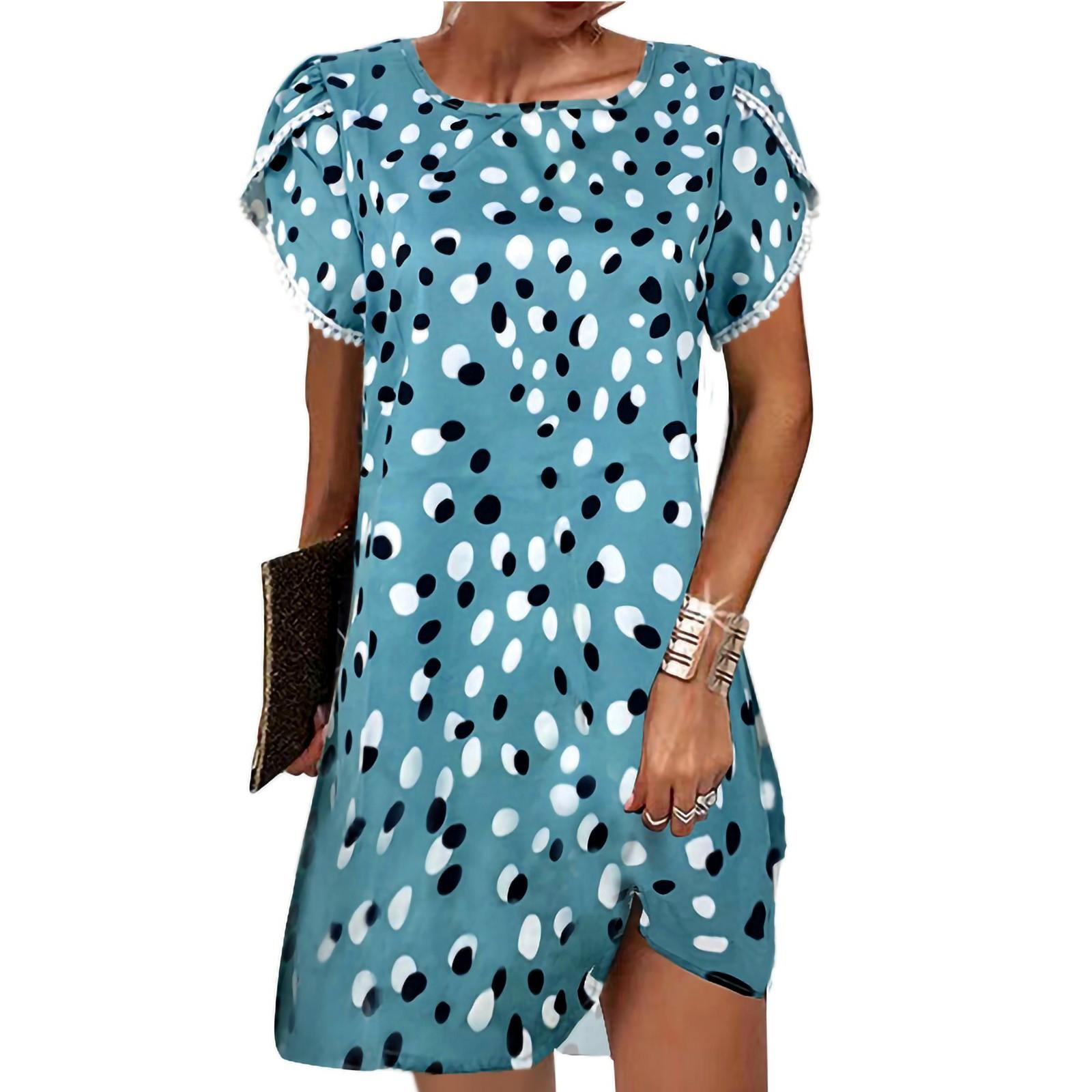 Ladies Casual Sexy Printed Round Neck Short Sleeve Lace Trim Ladies Dress XXL зелёный