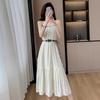 Seaside vacation style suit temperament waist suspender dress women's summer knitted hollow cardigan top two-piece set