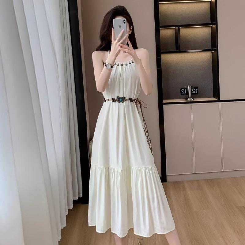 Seaside vacation style suit temperament waist suspender dress women's summer knitted hollow cardigan top two-piece set