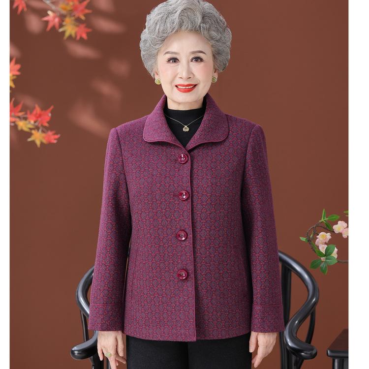 Spring and Autumn Woolen Coat Mother Lapel Old Lady Clothes Grandma Autumn Woolen Coat Middle-aged and Elderly Women