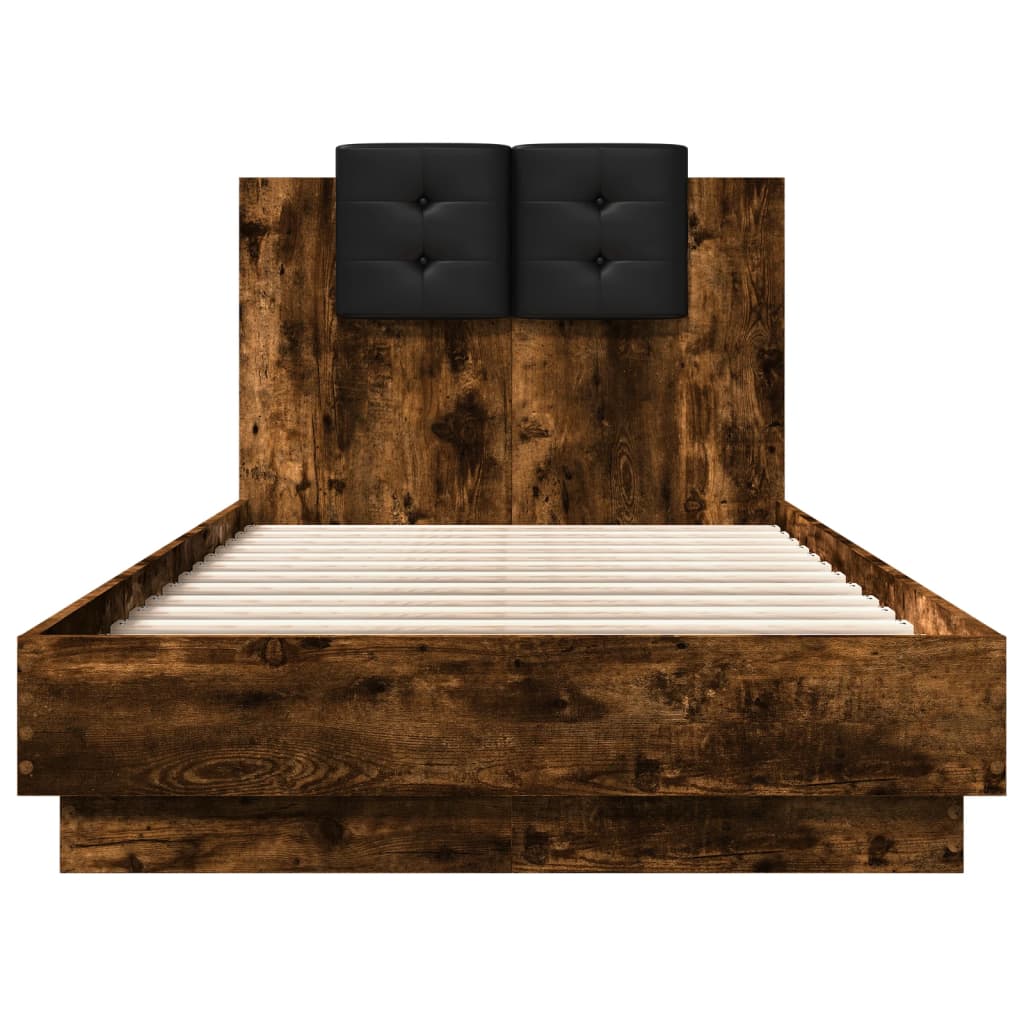 Bed Frame with Headboard and LED Lights Smoked Oak 90x190 Cm