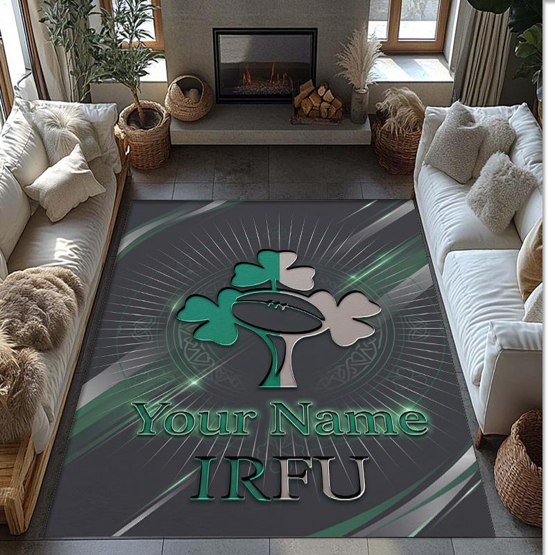 Ireland Rugby Crystal Velvet Rug, Custom Name Text Personalized Non‑Slip Floor Mat for Home Decor Gift