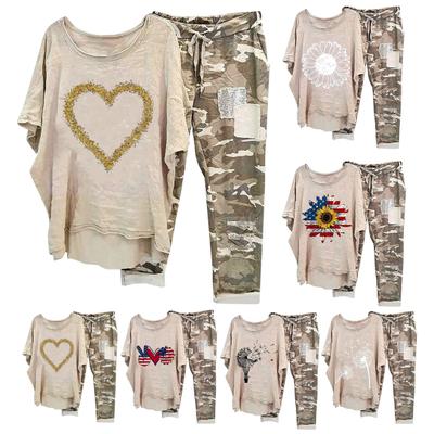 2 sztuk/zestaw Top damski zestaw spodni Okrągły dekolt Kwiatowy kamuflaż Nadruk Nieregularny dół Krótkie rękawy Luźny sznurek W pasie Damski T-shirt Zestaw spodni