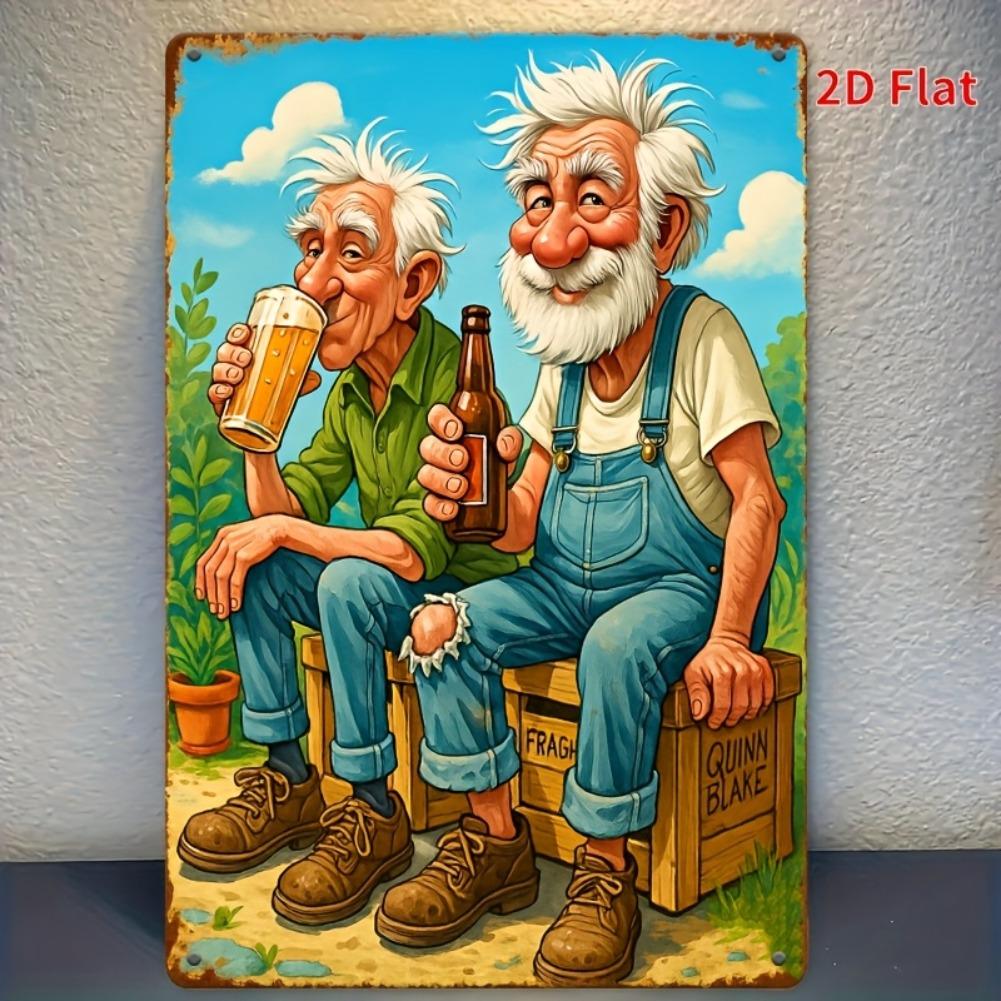 [2D Flat] Vintage-Wandbild aus Metall mit Biermotiv, 20 x 30 cm – Rustikales Blechschild mit Comicfiguren von alten Männern und Bierkrügen, ideal für Zuhause